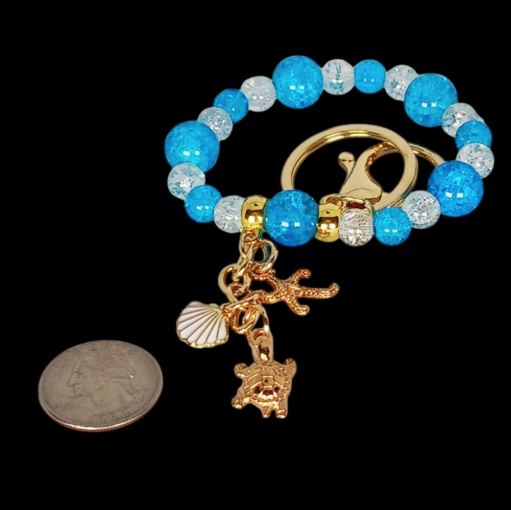 Beaded Bag Key Charm Blue White Gold Sea Turtle Shell Starfish Y2K Mermaidcore - Picture 3 of 12